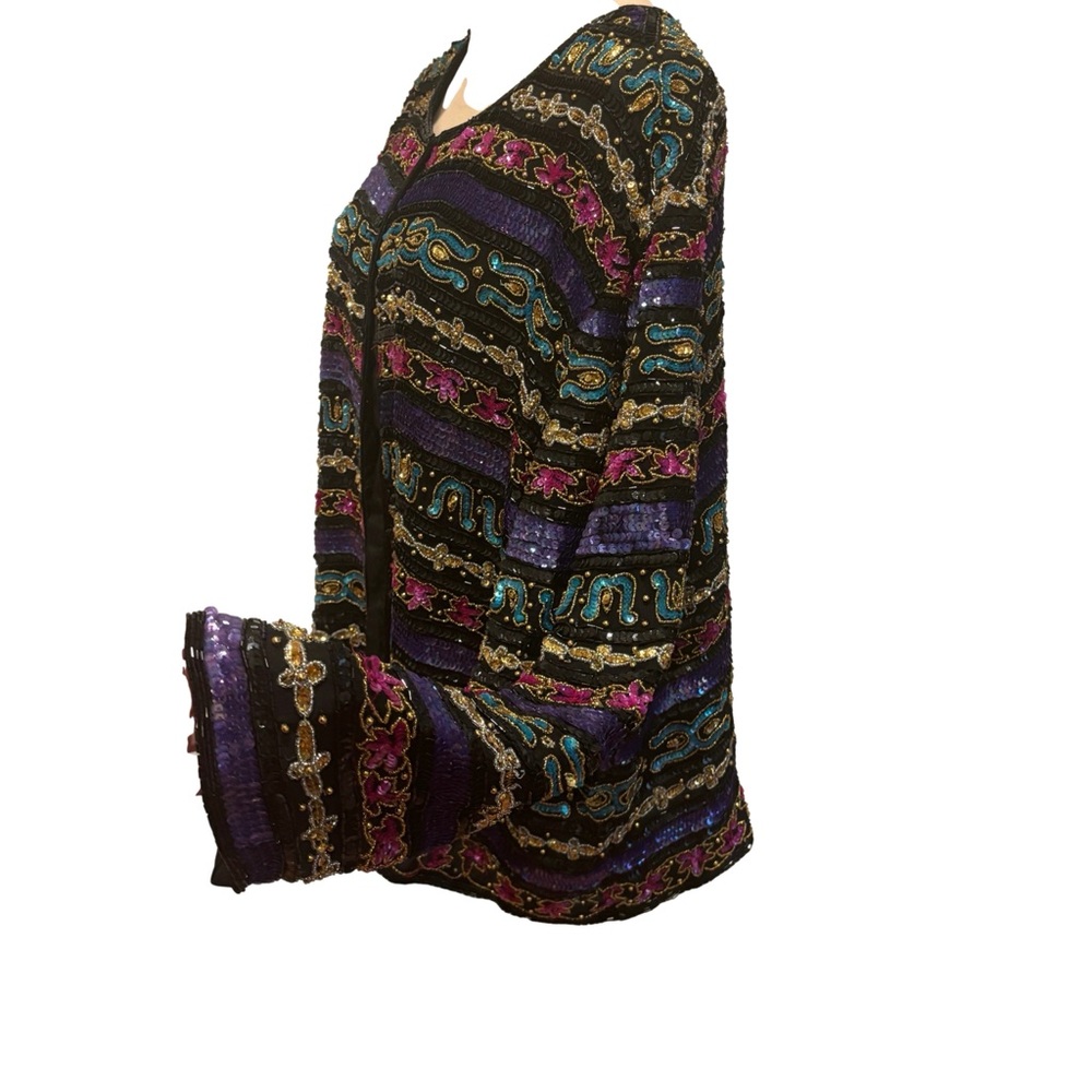 VTG NINA PICCALINO PLUS SILK BLACK MULTICOLOR SEQUINED & BEADED JACKET SZ 3X - Picture 6 of 10